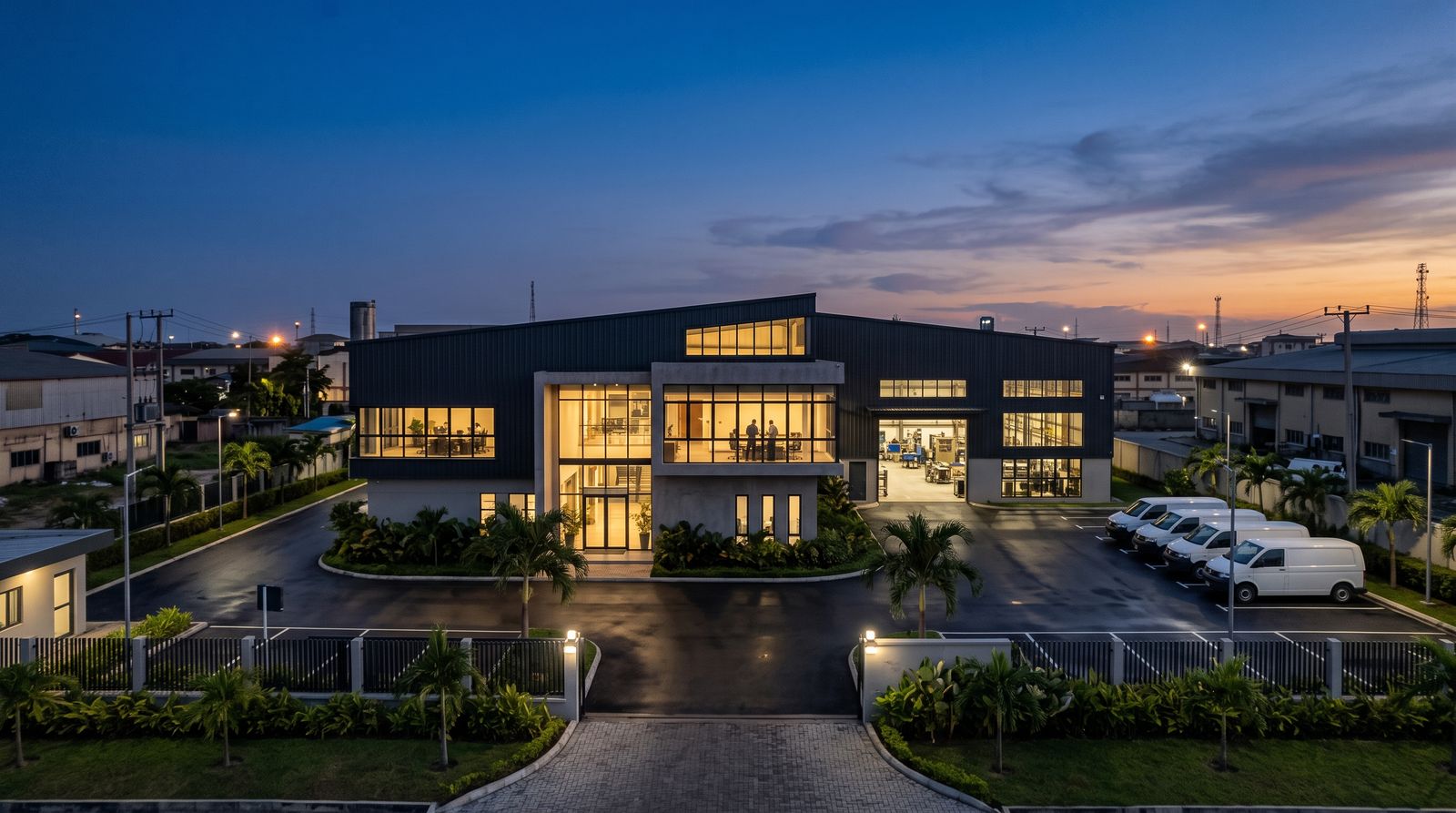 Voltaic Industries manufacturing facility in a Lagos industrial estate at dusk
