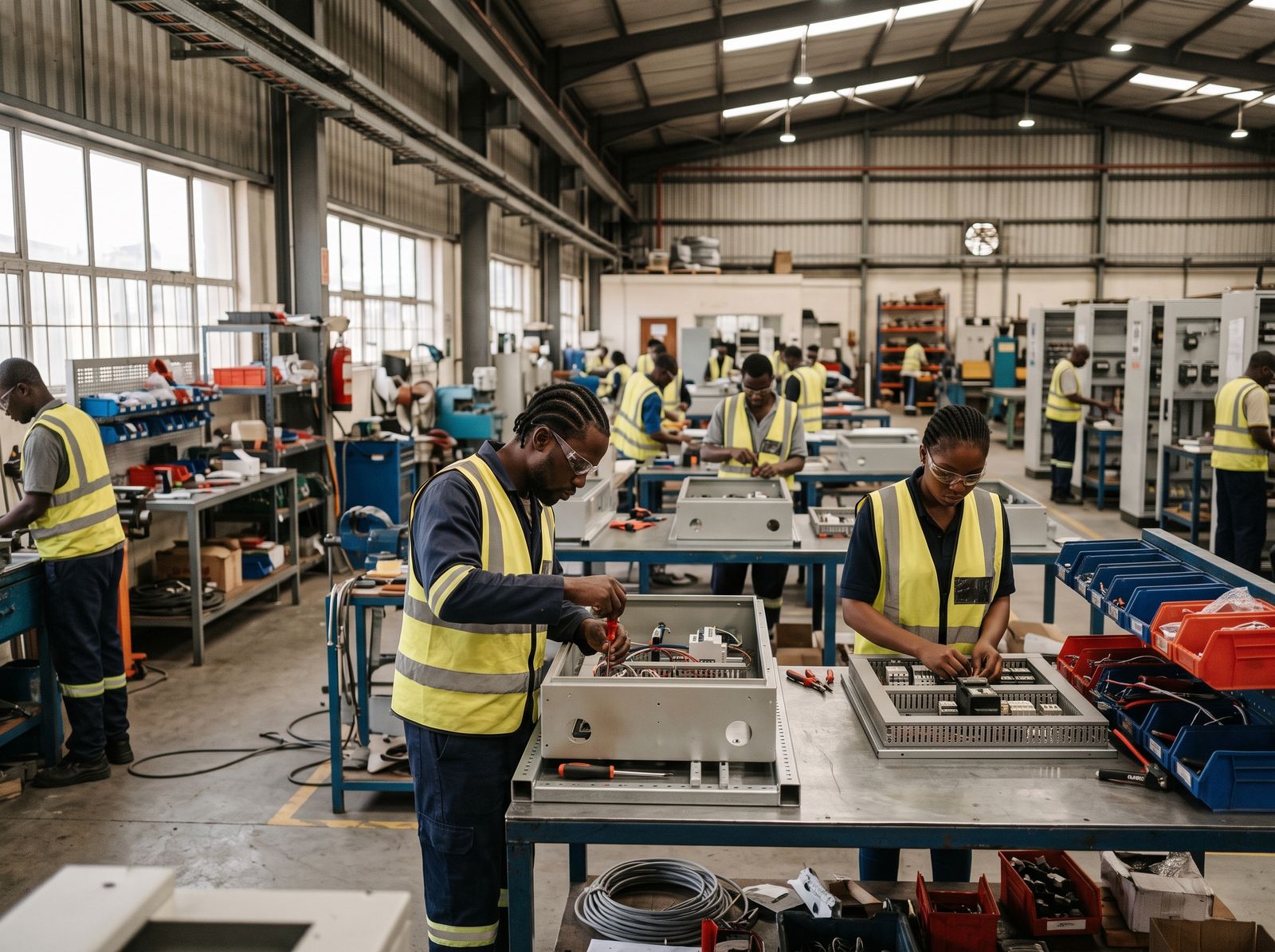 Workers on the switchgear assembly floor at Voltaic Industries, Nigeria