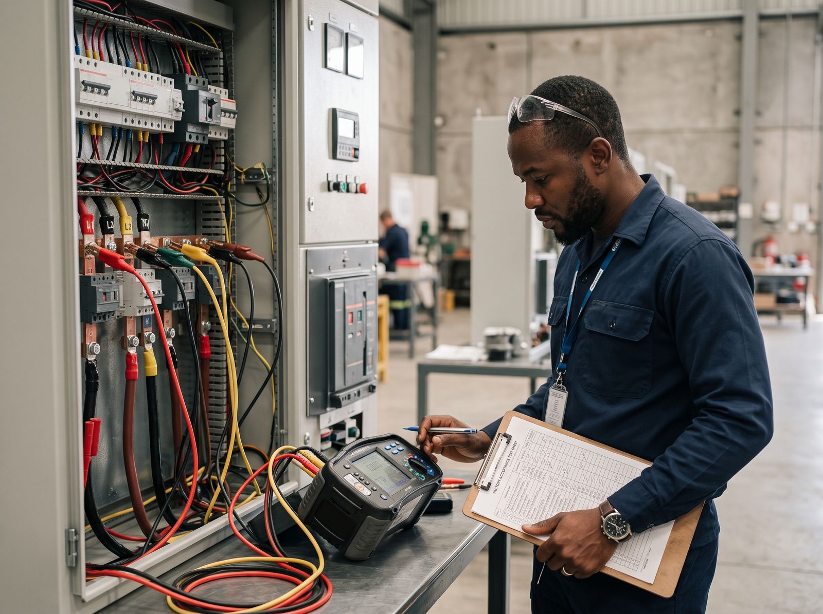 Voltaic engineer performing factory-witness testing on a switchgear panel