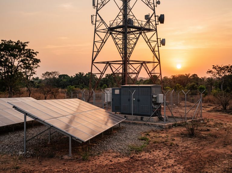 Solar-diesel hybrid power at a Nigerian telecom base station at golden hour