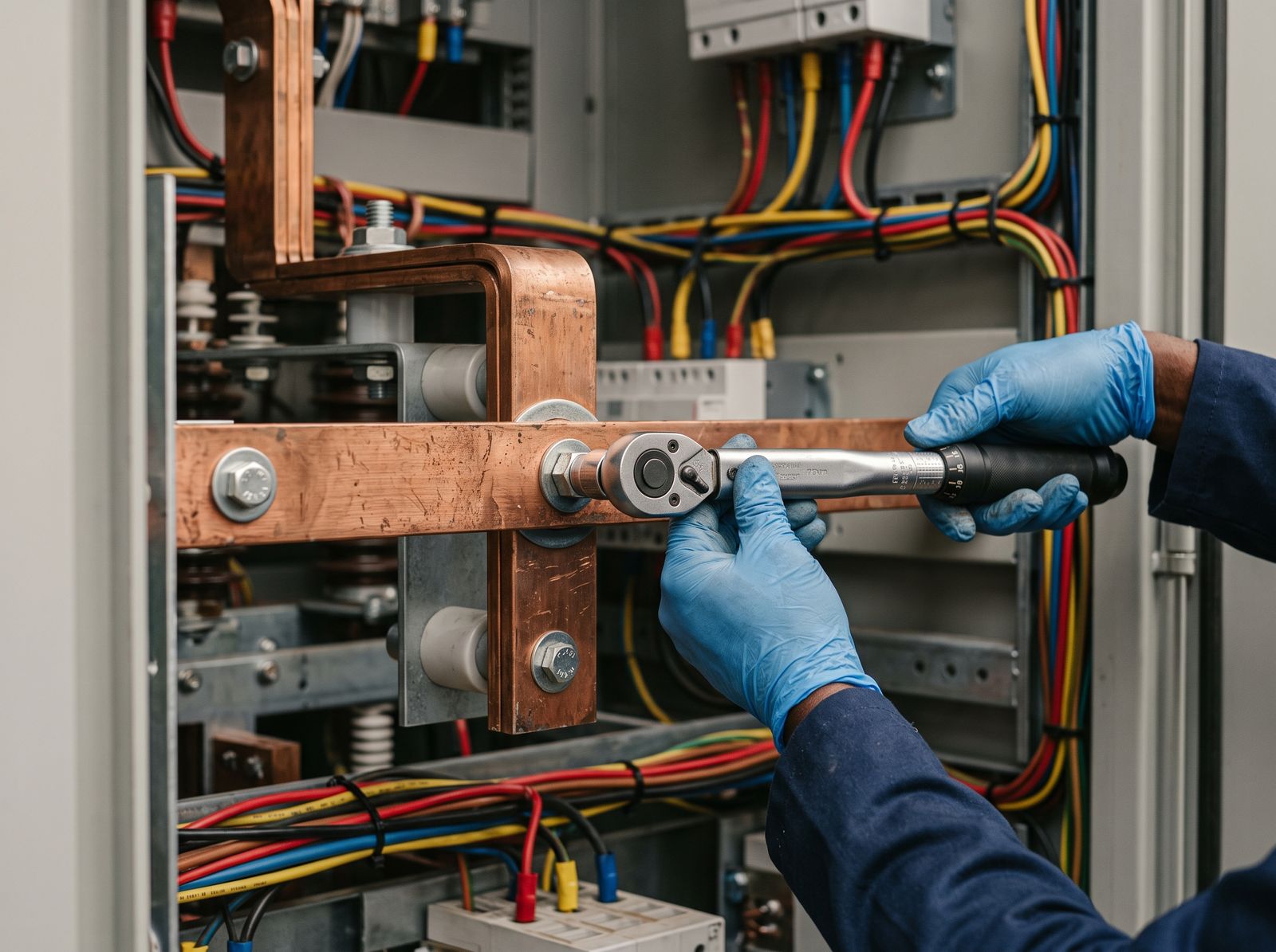 Technician torquing a busbar connection inside a switchgear cubicle