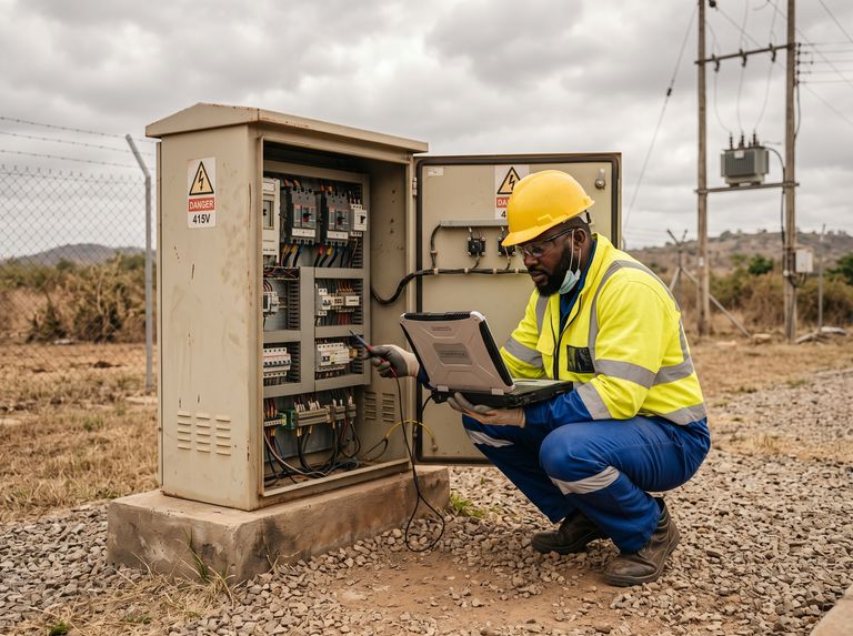 Voltaic field service engineer inspecting a power cabinet on a Nigerian site
