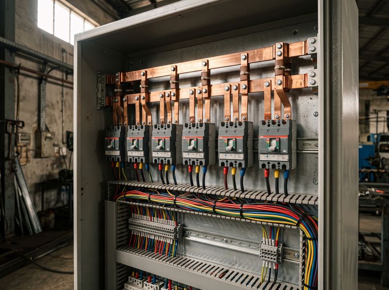 Open low-voltage switchgear panel with copper busbars and circuit breakers